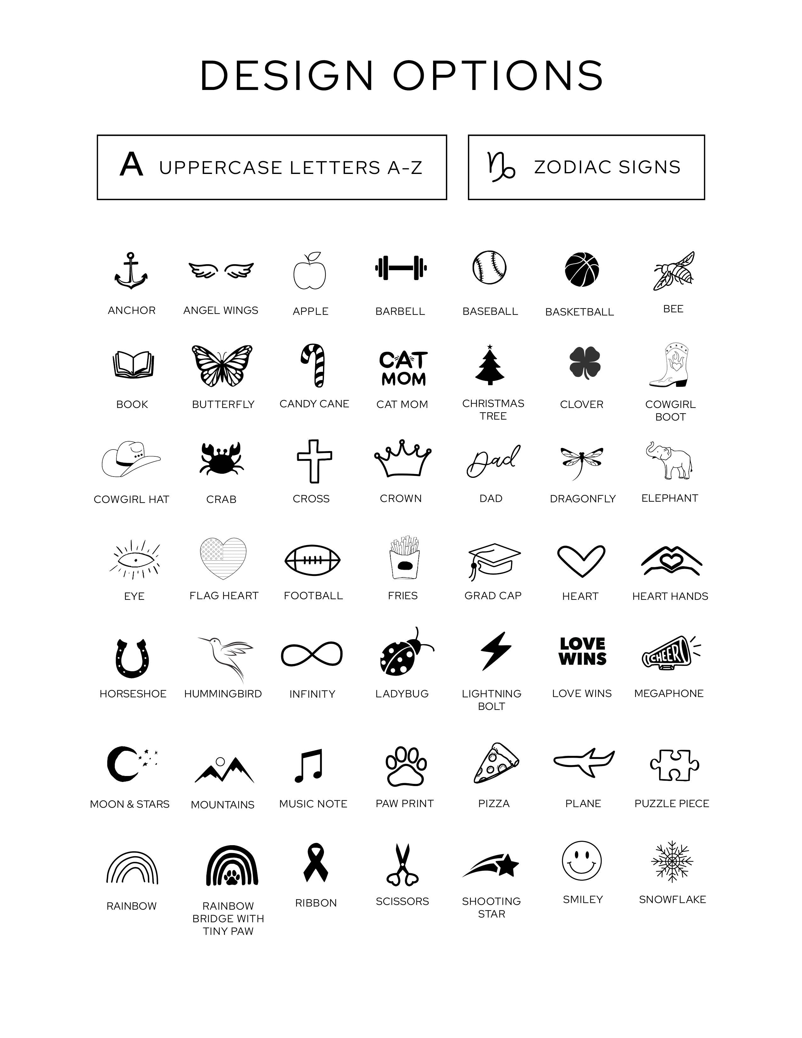 Collection of design options including uppercase letters A-Z and zodiac signs on a white background.