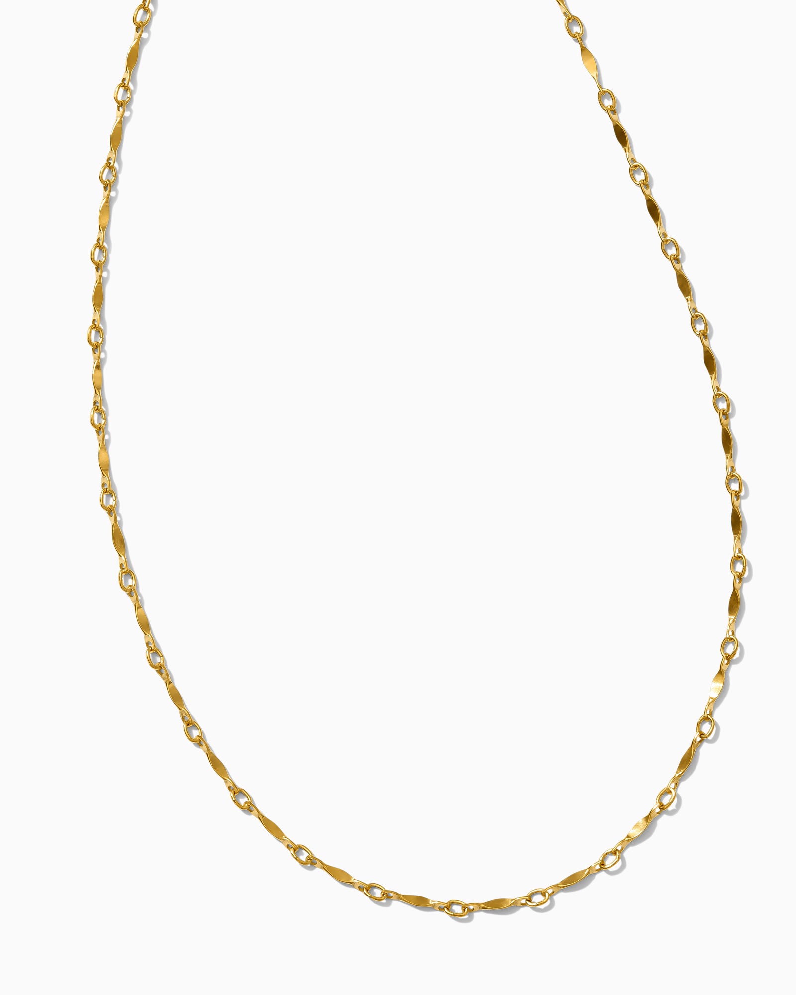 Yellow gold chain necklace with alternating oval and twisted bar links on a clean white background