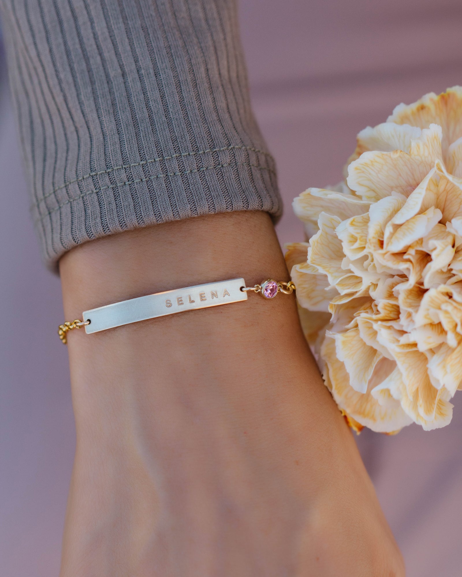 Skinny Name Bar Bracelet with Birthstone