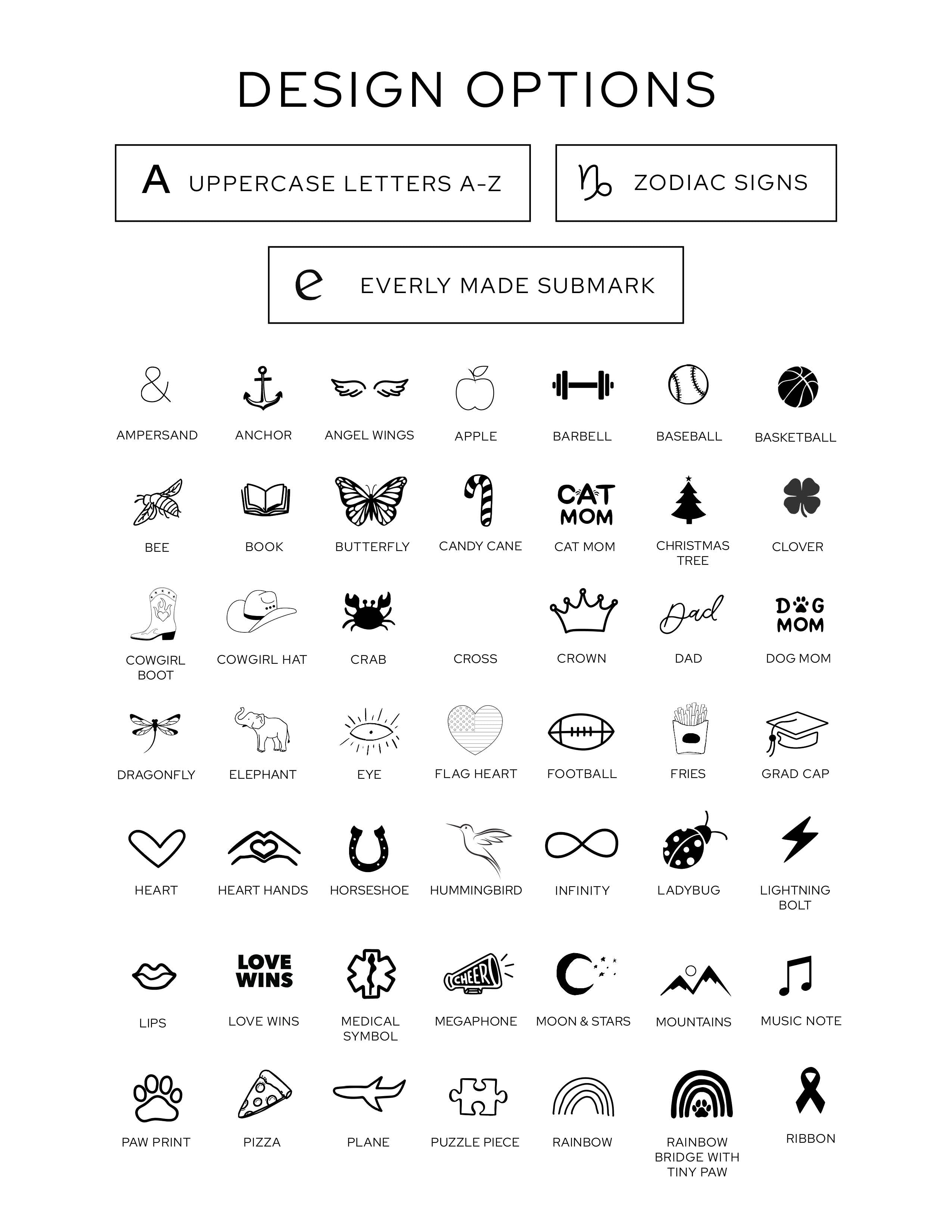 Collection of design options including uppercase letters A-Z and zodiac signs on a white background with "Everly Made Submark"