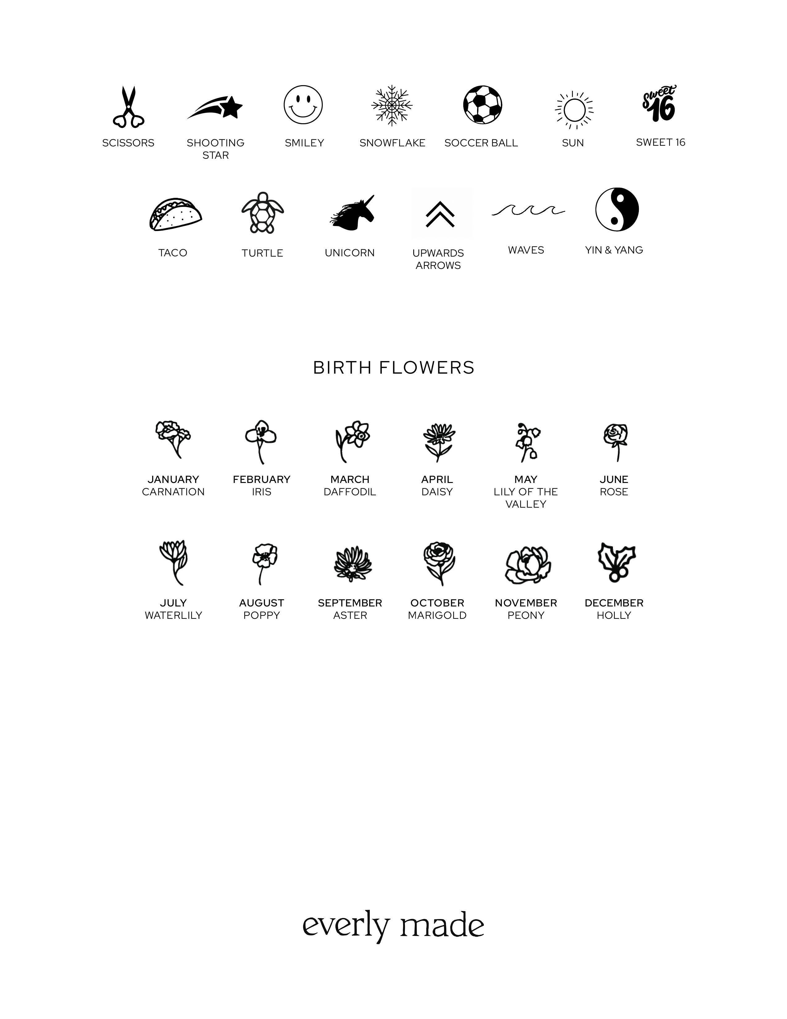 Collection of icons and birth flower symbols with corresponding months on a white background, featuring the brand 'everly made'.