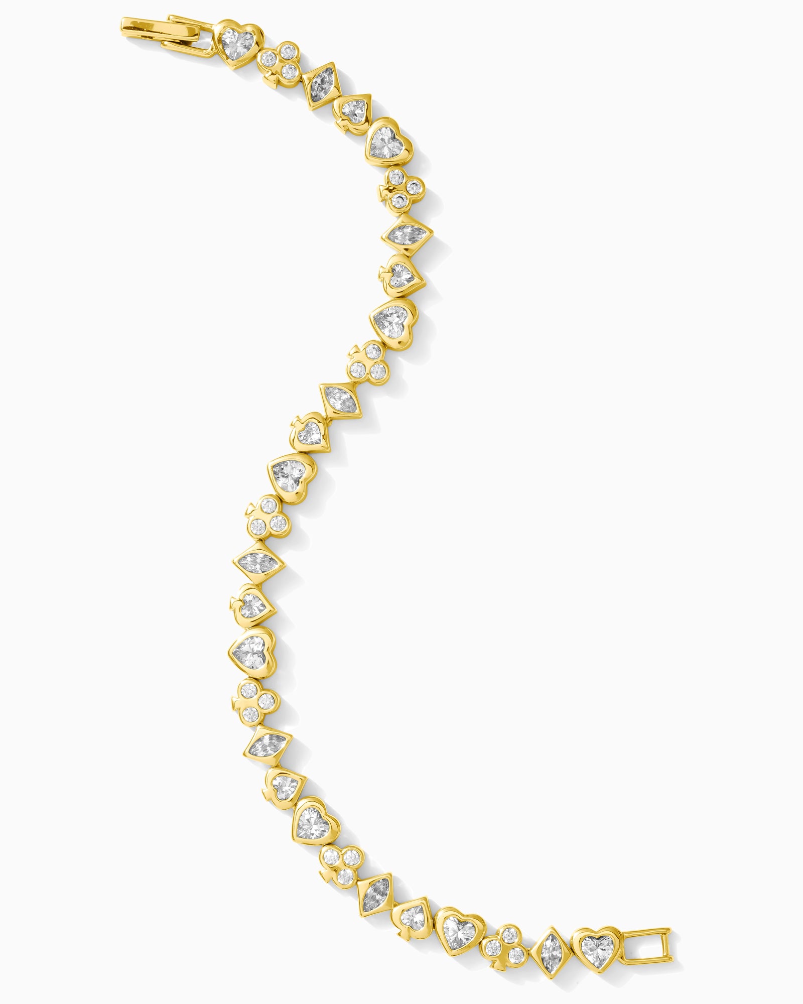 Gold bracelet with heart-shaped diamond-like stones on a white background.