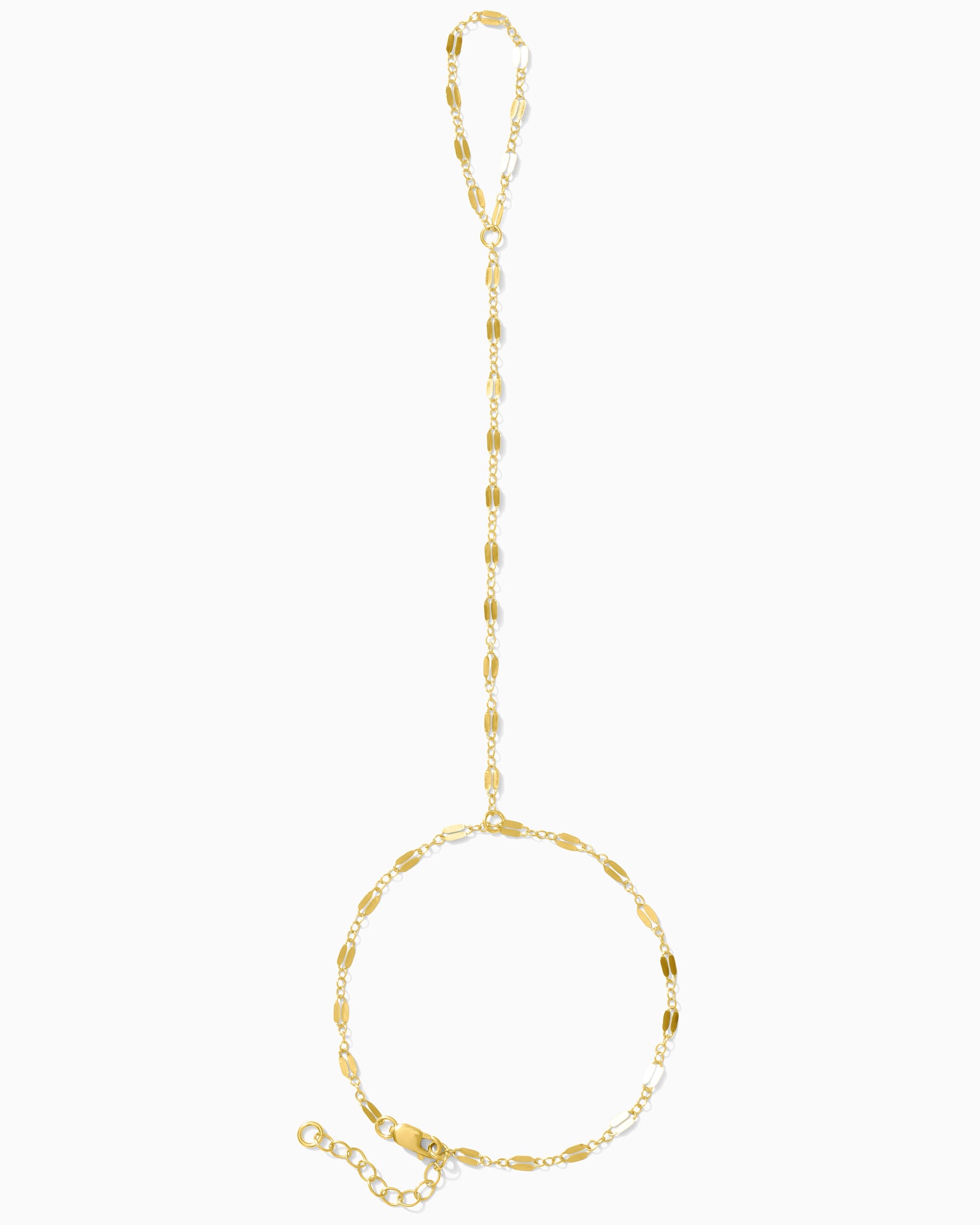 Gold chain bracelet with chain connecting fingers on a white background.